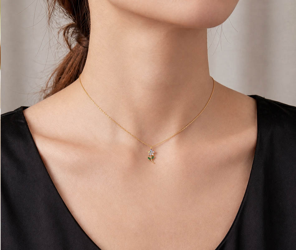Gargantilla en oro amarillo de 18K Flor en tallo con 8 circonitas - Imagen 3