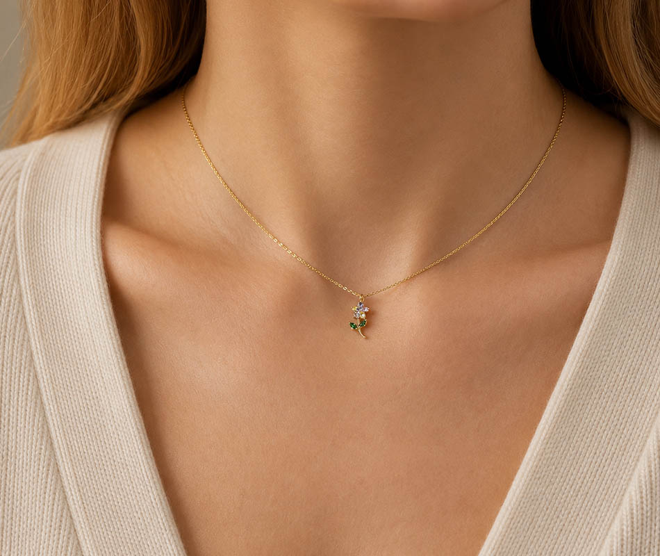 Gargantilla en oro amarillo de 18K Flor en tallo con 8 circonitas - Imagen 4