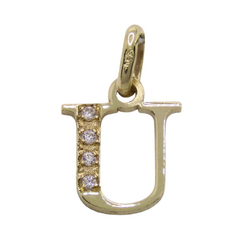 Colgante con inicial en oro amarillo de 18K, letra U con 4 circonitas