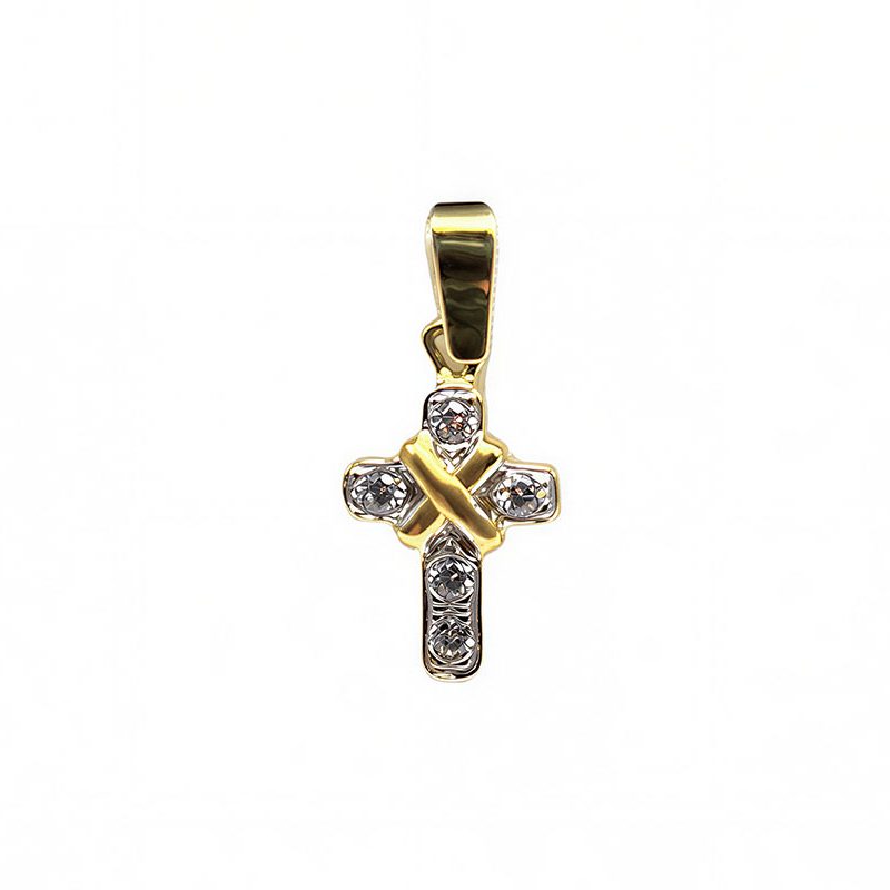 Cruz en oro amarillo de 18K con banda y 5 circonitas incoloras